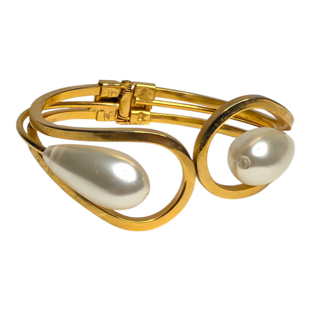 Gold & Pearl Spiral Elegant Cuff Hinged Bracelet Womens Vtg Jewelry